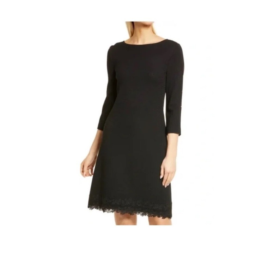 Ming Wang Lace Trim Wrinkle Black Open Sleeve Knit Dress Casual Career‎ SZ M